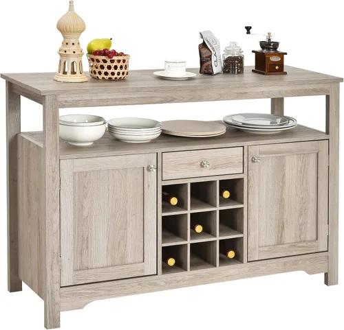 COSTWAY Aparador de almacenamiento para buffet, mesa de consola de servidor, mesa de armario de cocina con 2 gabinetes, estante para vino y estante