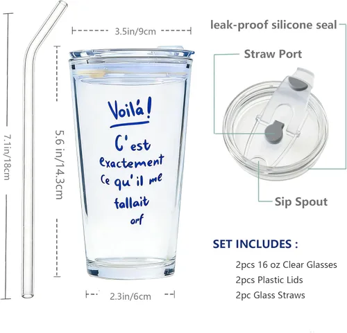 Vista 4 de 16 oz Hobnail Glass Cups with Lids and Straws Set of 2, Letter Pattern Reusable Iced Coffee Glasses, Leak-Proof Portable Drinking Cups for Smoothie