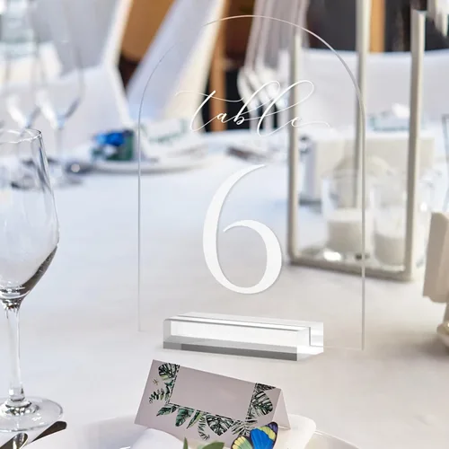 Vista 6 de JINMURY Números de mesa de arco transparente para boda, mesa de acrílico arqueada de 5 x 7 pulgadas, números 1-10 con soportes, letrero de arco