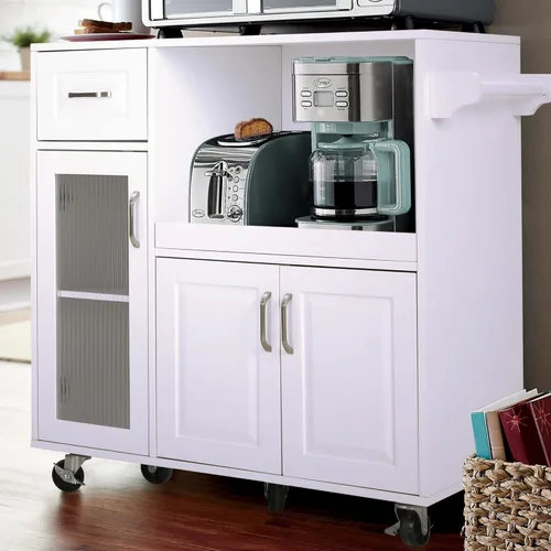 PHI VILLA Carrito de microondas con ruedas, isla de cocina blanca con estante para microondas, carrito de cocina rodante con almacenamiento