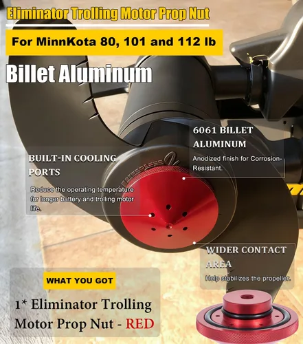 Vista 4 de Eliminador de motor de arrastre para tuerca de aluminio ajuste personalizado para modelos MinnKota de 80, 101 y 112 libras (GFEL-MK-BK-DP) - Rojo