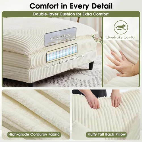 Vista 4 de WESTSETLUX Tumbona extragrande de 54.8 pulgadas de ancho para interiores con respaldo ajustable de 5 posiciones, sofá cama de pana con 3 almohadas