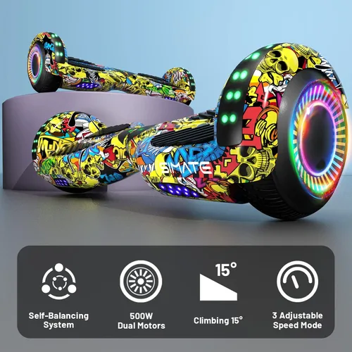 Vista 3 de SIMATE Aeropatineta con combinación de accesorios de asiento, 6.5 pulgadas, autoequilibrante, con altavoces Bluetooth y luces LED para niños