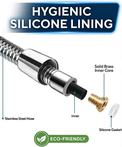 Vista 4 de Manguera de ducha manual flexible de acero inoxidable de 39 pulgadas, conectores de latón, duradera y flexible