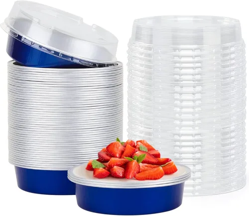 Vista 19 de Beasea Paquete de 20 Moldes para Cheesecake con Tapas, 8 Oz, 4 Pulgadas Moldes Redondos de Papel de Aluminio para Tartas, Contenedor para Muffins