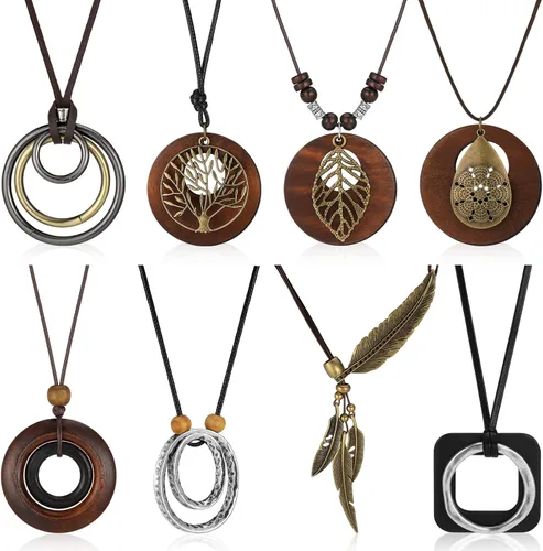 8 collares largos bohemios para mujer, collares de madera vintage, hechos a mano, hippie, de piel sintética, suéter, joyería