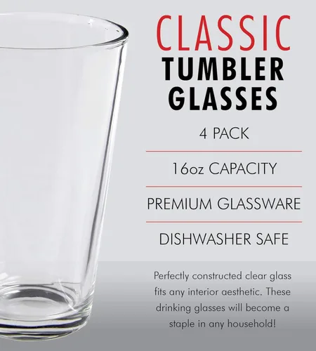 Vista 3 de Kitchen Lux Juego de 4 Vasos de Cerveza de Pinta – Vasos Altos Transparentes para Beber de 16 oz y Vasos Multiusos – Base Pesada para Cóctel, Agua