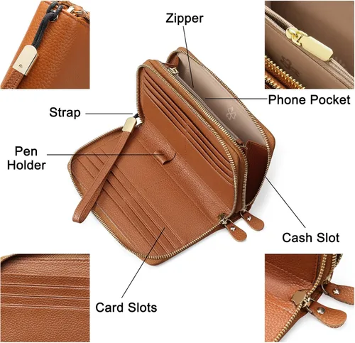 Vista 3 de SENDEFN Cartera de cuero para mujer, de gran capacidad, con bloqueo RFID, organizador de tarjetas de crédito con soporte para chequera