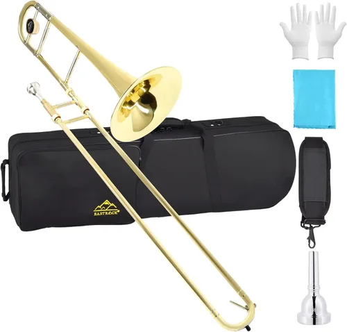EASTROCK Trombón tenor de deslizamiento Bb de latón Instrumento musical con estuche duro, boquilla, guantes, paño de limpieza para estudiantes