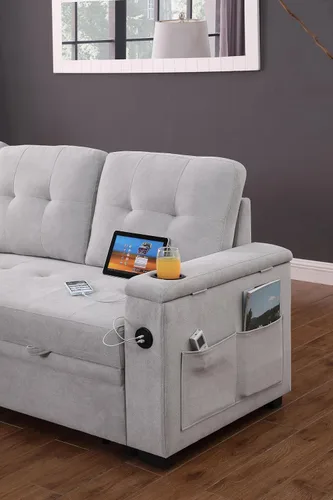 Vista 10 de Lilola Home Ashlyn II - Sofá modular reversible de tela tejida gris de 84 pulgadas con diván de almacenamiento, brazos de almacenamiento