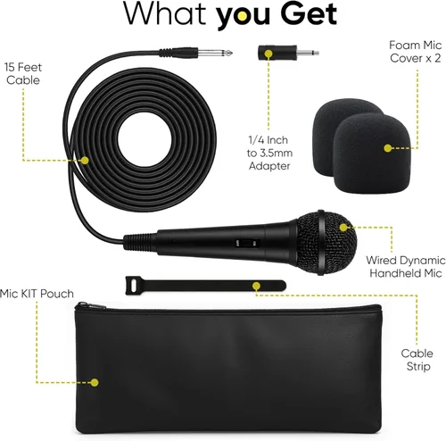 Vista 4 de Bowens Micrófono dinámico con cable, micrófono vocal con cable de 15 pies y adaptador de 1/4 de pulgada a 0.138 in, micrófono cardioide de karaoke