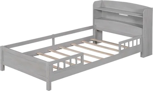 Vista 21 de Cama de plataforma de madera tamaño individual con luz LED integrada, cabecera de almacenamiento y barandilla de seguridad para niños, adolescentes