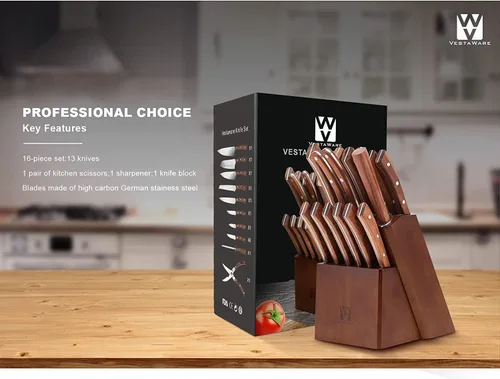Vista 7 de Knife Set, Vestaware Kitchen Knife Set 16 Pieces German High Carbon Stainless Steel Knife Block Set with Ergonomic Handle, Kitchen Knives, Ultra