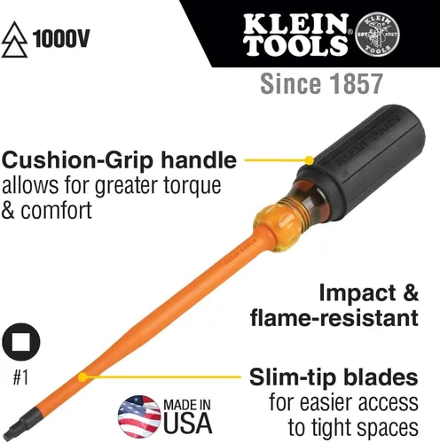 Vista 2 de Klein Tools 6984INS - Destornillador aislante, fabricado en Estados Unidos, destornillador con punta de perfil delgada de 1000 V, cuadrado #1