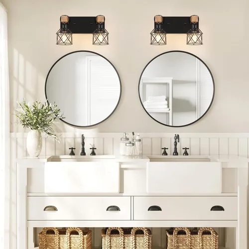 Vista 4 de FadimiKoo Lámparas de Tocador de Baño Estilo Granja de 2 Luces, Iluminación de Baño de Madera Sobre Espejo, Apliques de Pared Rústicos Negros
