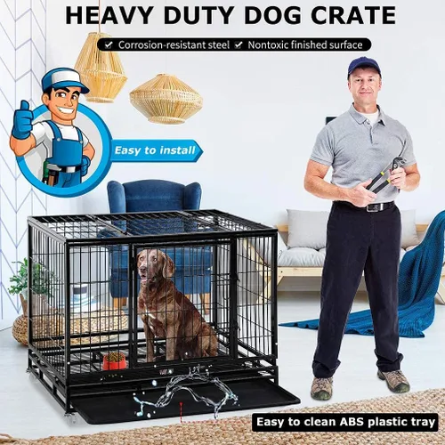 Vista 3 de Jaula para perros resistente, perrera de 36 pulgadas con ruedas con cerradura, jaula para mascotas de doble puerta de alta ansiedad, jaula extra