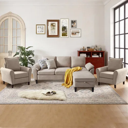 Vista 8 de Juego de sofá modular convertible de 79 pulgadas, moderno sofá pequeño en forma de L de lino con otomana reversible y sofá biplaza, sofás de 3 Beige