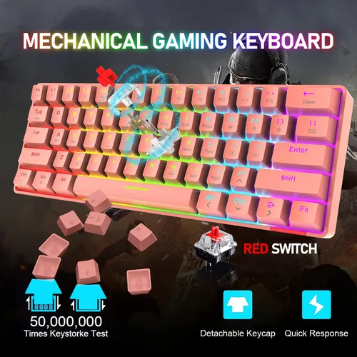 Vista 3 de Teclado mecánico inalámbrico 60% de modo dual BT5.0USB-C para juegos con retroiluminación arco iris, compacto, 61 teclas, ergonómico, recargable