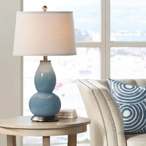 Vista 21 de Color + Plus Double Gourd 28 3/4" Tall Modern End Table Lamp Placid Blue Bronze Finish Glass Single Fabric Off-White Shade Living Room Bedroom