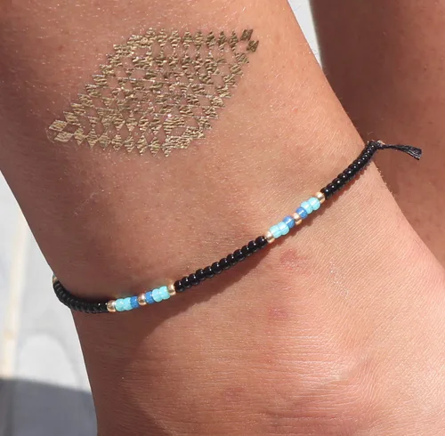 Vista 4 de Anklet for Women, Unique Beaded Thin Anklet, Black Gold Colorful Boho Hippie Waterproof Beach Foot Jewelry, Native American Style, Handmade by Tribes