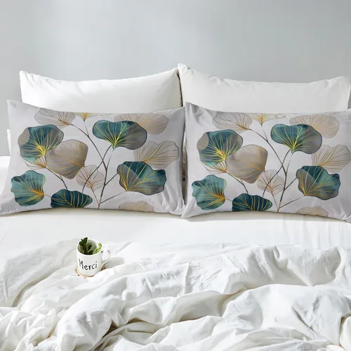Vista 4 de Feelyou Funda de edredón de hojas de ginkgo, juego de ropa de cama con diseño de hojas botánicas para niños y niñas, funda de edredón de microfibra