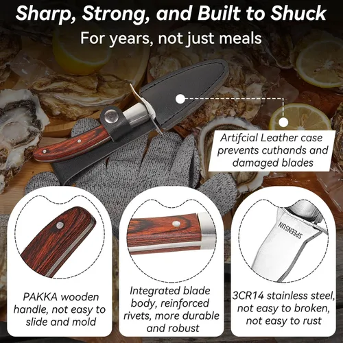 Vista 2 de Cuchillo de ostras, kit de shucker de ostras, cuchillo de shucking de ostras con mango de madera cómodo, cuchillos de ostras resistentes y afilados
