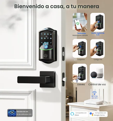 Vista 2 de Veise VE027-L - Cerradura inteligente WiFi integrada con asas, juego de cerradura de puerta de entrada sin llave de huellas dactilares, control
