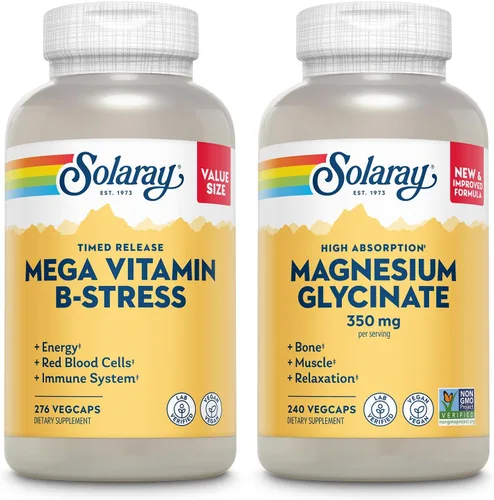 SOLARAY Mega Vitamina B Stress and Magnesium Glycinate Paquete de 350 mg – Complejo de vitamina B de liberación temporal con VIT C, bisglicinato de