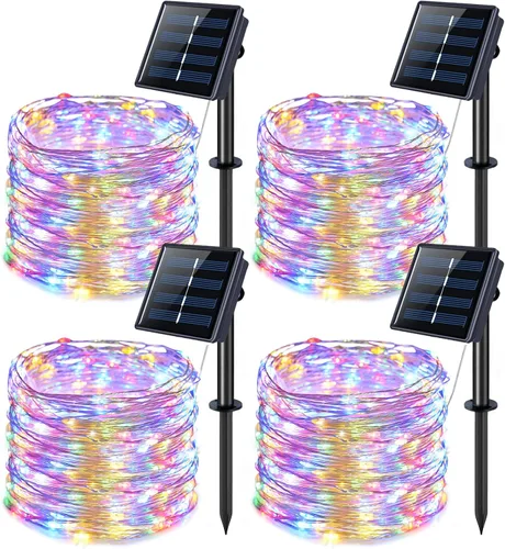 Vista 13 de JMEXSUSS Paquete de 4 tiras de 100 luces LED solares para exteriores, 33 pies, luces solares blancas para exteriores, impermeables, 8 modos, luces