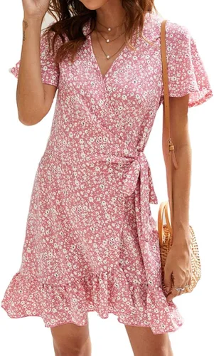 Vestido de verano Naggoo con diseño envolvente cuello en V estampado de lunares o floral con volantes manga corta con cinturón para mujer