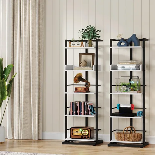 Vista 24 de Hosfais Estantería estrecha para libros: estantería de madera de 5 niveles con protección de borde de metal, estantería moderna industrial Marrón