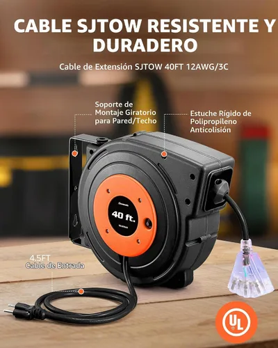 Vista 7 de DEWENWILS 45FT Retractable Extension Cord Reel, 6 Outlets, 12/3AWG SJTOW