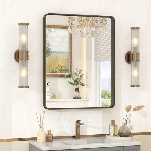 Vista 37 de Espejo rectangular para pared de baño de 20x30 pulgadas con marco negro mate, espejo de tocador con esquinas redondeadas, espejo de baño de metal