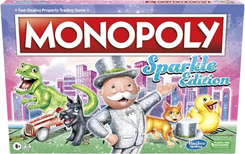 Hasbro Gaming Monopoly Sparkle Edition Juego de mesa, juegos familiares, con fichas brillantes, dados nacarados, aspecto brillante, (exclusivo de