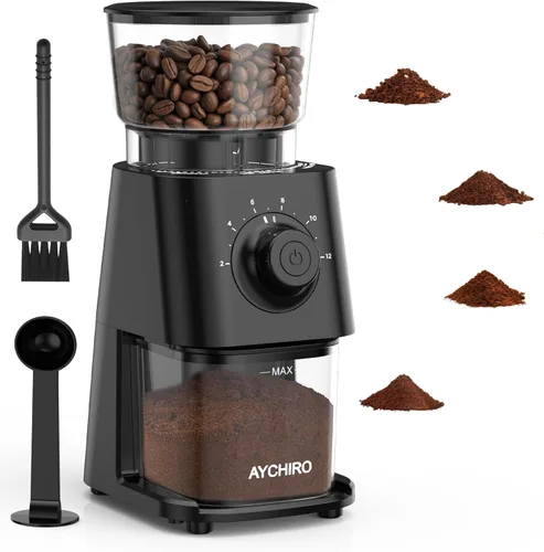 AYCHIRO Molinillo de café eléctrico, molinillo de granos de café para uso doméstico con 30 ajustes de molienda, capacidad de 12 tazas para expreso,
