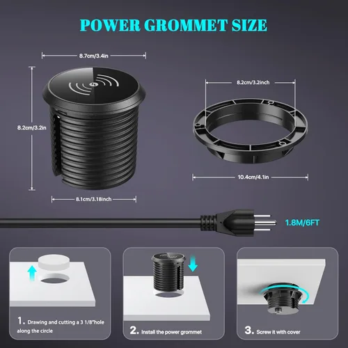 Vista 6 de XBA PD - Ojal de alimentación de escritorio USB C de 20 W con cubierta de cargador inalámbrico de 15 W, regleta de alimentación empotrada con USB A