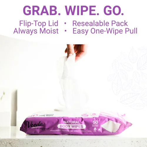 Vista 4 de Veeda Natural Cotton Body Wipes for Adults - 300 Count, Hypoallergenic & pH Balanced Wet Wipes - Unscented Personal Cleansing Wipes Safe for