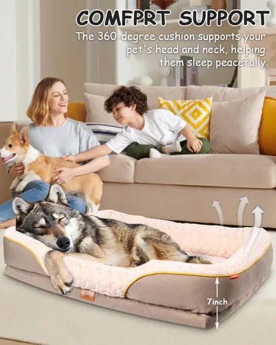 Vista 3 de Cama ortopédica lavable para perros grandes, cama impermeable para perros con cojín, sofá grande con funda extraíble y parte inferior antideslizante