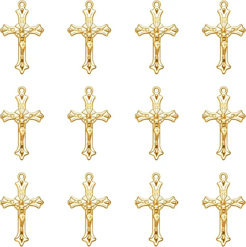 60 dijes chapados en oro de cruz cristiana de Jesús Crucifijo religioso chapado en oro para hacer joyas, colgantes, collares, pulseras, llaveros,