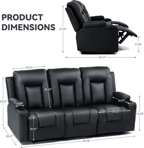 Vista 2 de COMHOMA Juego de muebles de sala de estar,Sofá de cuero consolidado con masaje,Silla reclinable con portavasos,3+2+1,Negro