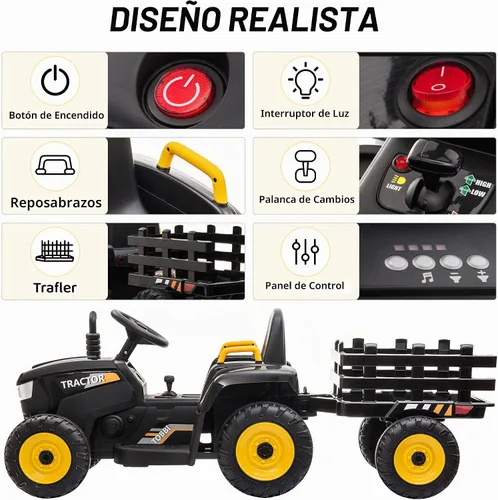 Vista 3 de TOBBI - Tractor de juguete a batería de 12 V con remolque color verde, rosado y rojo Negro