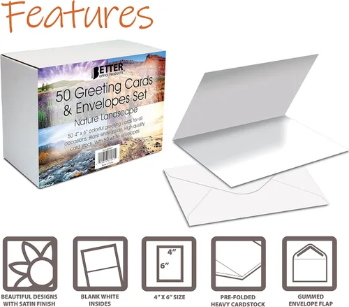 Vista 2 de Better Office Products 50-Pack All Occasion Greeting Cards Box Set, 4 x 6 inch, 50 Assorted Blank Note Cards & 50 Envelopes, 6 Nature Photography