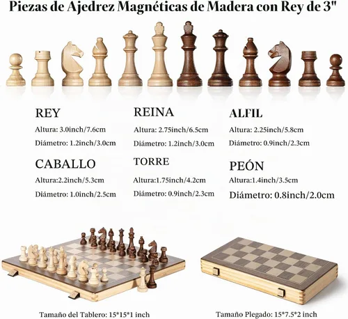 Vista 5 de A&A Juego de ajedrez magnético de madera plegable de 15 pulgadas con piezas de ajedrez Staunton de altura King de 3 pulgadas, caja de pino con Claro