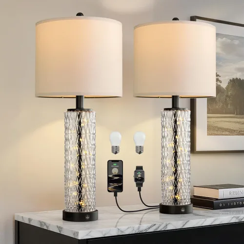 Vista 10 de Oneach Juego de 2 lámparas de mesa de 27.75 pulgadas, lámpara de noche moderna azul con luz nocturna LED, USB A+C, lámparas de vidrio para sala