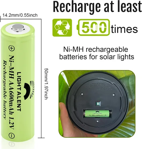 Vista 5 de Lightalent Pilas Recargables Ni-MH AA, Batería Precargada de Alta Capacidad Doble A 1.2V para Luces Solares Exteriores (AA-600mAh-12pack)