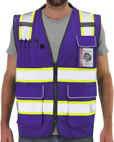 Vista 13 de Neopelta Chaleco de seguridad reflectante de malla naranja, chaleco de alta visibilidad con bolsillos y cremallera, cuello acolchado, chaleco