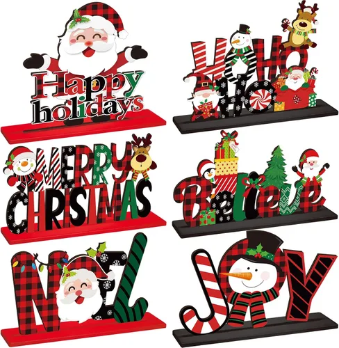 Hoolerry 6 piezas de decoración de mesa de Navidad, muñeco de nieve de madera, Papá Noel, centro de mesa de Navidad, reno, noel, alegría, creer,