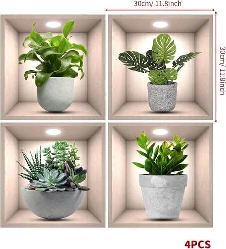 Vista 2 de Calcomanías creativas 3D de pared de plantas verdes, calcomanías de pared creativas para bricolaje, despegar y pegar, calcomanías adhesivas de pared