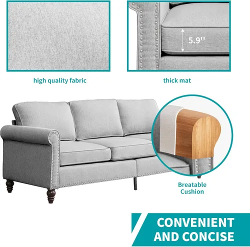 Vista 6 de BALUS Juego de sofá de 3 piezas, cómodos sofás de lino para sala de estar con patas de madera, muebles de sala de estar con estructura de madera