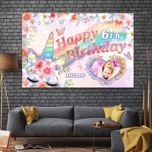 Vista 5 de Decoraciones de cumpleaños de unicornio personalizadas para niñas, pancarta de cumpleaños de unicornio, decoración de cumpleaños de princesa